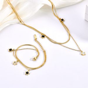 VLS Star Charm Double Layers Stainless Steel Necklace Bracelet Set