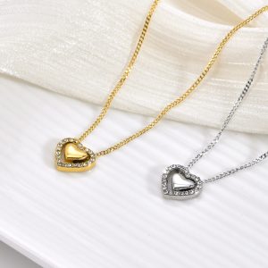 VLS Heart Shape Zircon Pave Stainless Steel Necklaces in Gold/Silver
