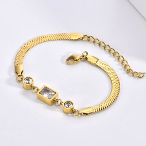 VLS Stainless Steel Gold Snake Chain Bracelet with Zircon