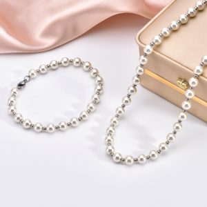 VLS Pearl and Stainless Steel Bead Necklace Bracelet Jewelry Set