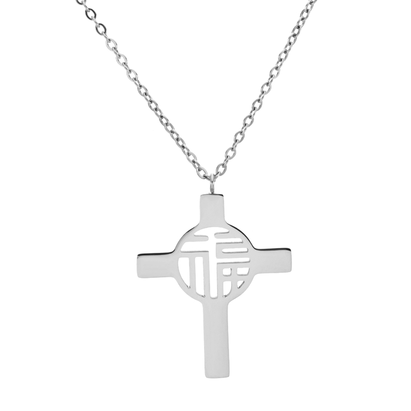 VLS Cross Shape with Chinese Word Fu Stainless Steel Necklace - Image 4