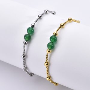 VLS Green Stone Bead Stainless Steel Bracelets