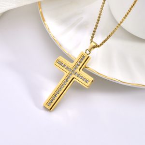 VLS Cross Shape Zircon Pave Stainless Steel Necklace