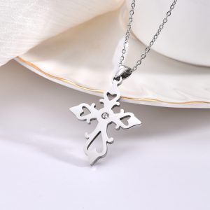 VLS Heart Hollow Out Stainless Steel Cross Silver Necklace