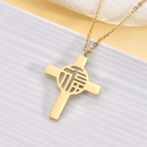 VLS Cross Shape with Chinese Word Fu Stainless Steel Necklace
