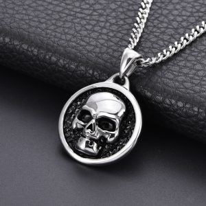 VLS Punk Skull Round Pendant Stainless Steel Necklace