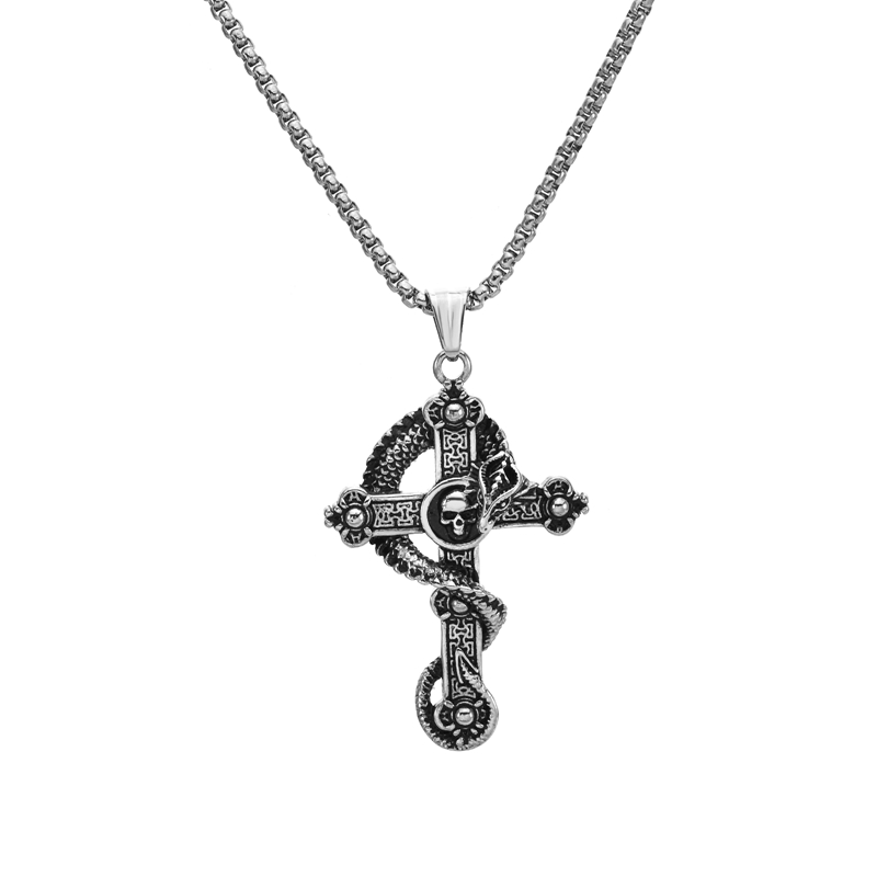 VLS Titanium Steel Skull Cross Pendant Dragon Necklace