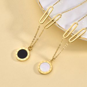 VLS Stainless Steel Shell Pendant Necklace Roman Numeral Necklace Jewelry