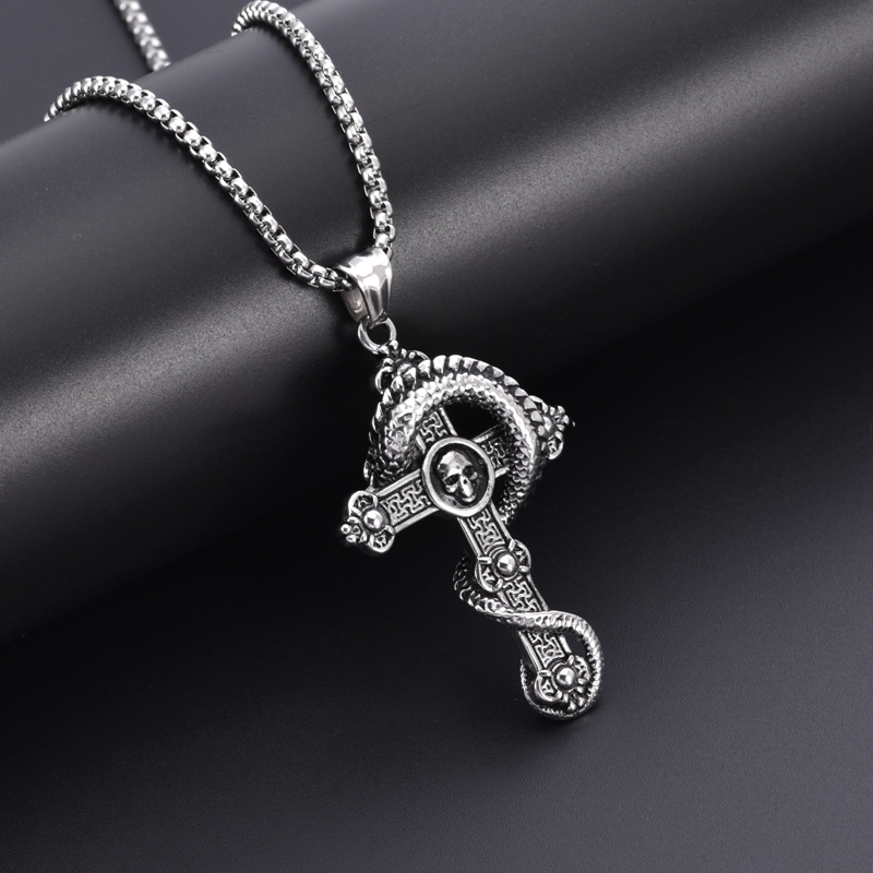 VLS Titanium Steel Skull Cross Pendant Dragon Necklace - Image 3