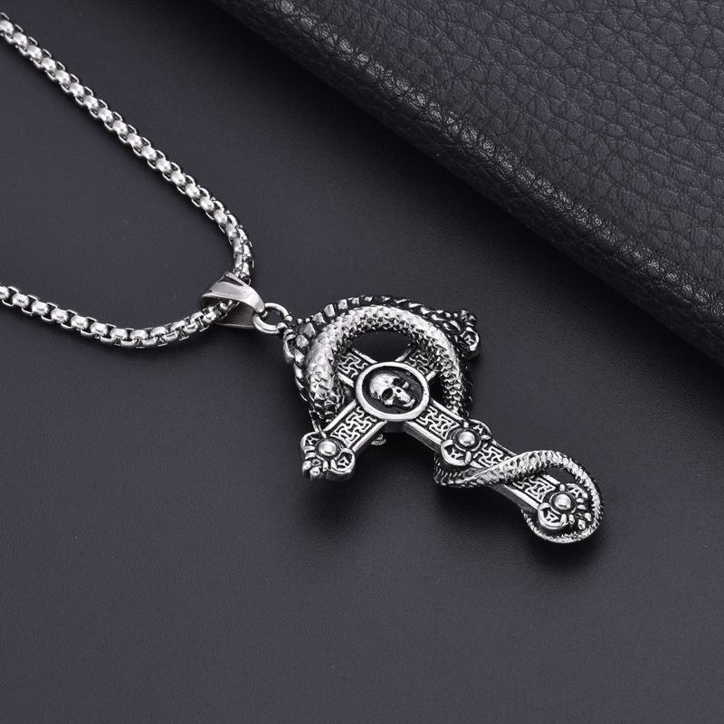 VLS Titanium Steel Skull Cross Pendant Dragon Necklace - Image 5