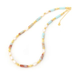VLS Natural Pearl and Shoushan Stone Beaded Necklace (Copper Spacers)