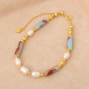 VLS Natural Pearl and Shoushan Stone Beaded Bracelet