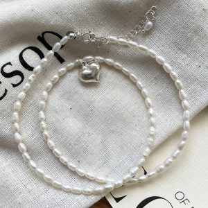 VLS Sterling Silver Heart Shape Pearl Beaded Necklace