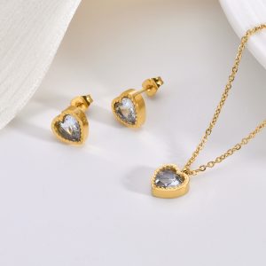 VLS Stainless Steel Heart Shape Necklace Earring Jewelry Set