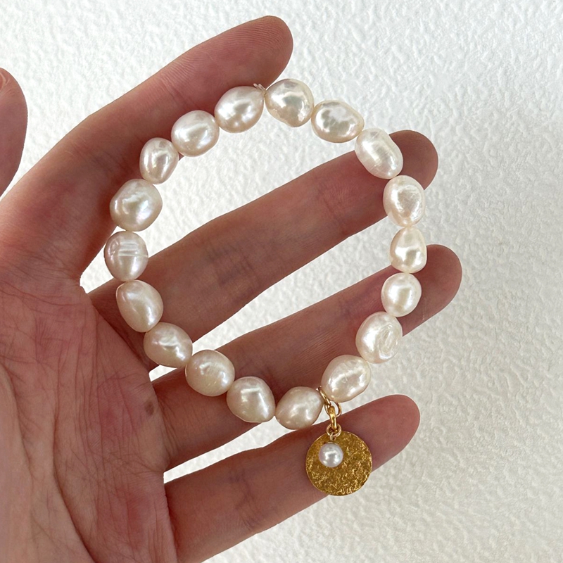 VLS 18K Gold Coin Charm Pearl Beaded Bracelet Fashion Elegant - Image 4