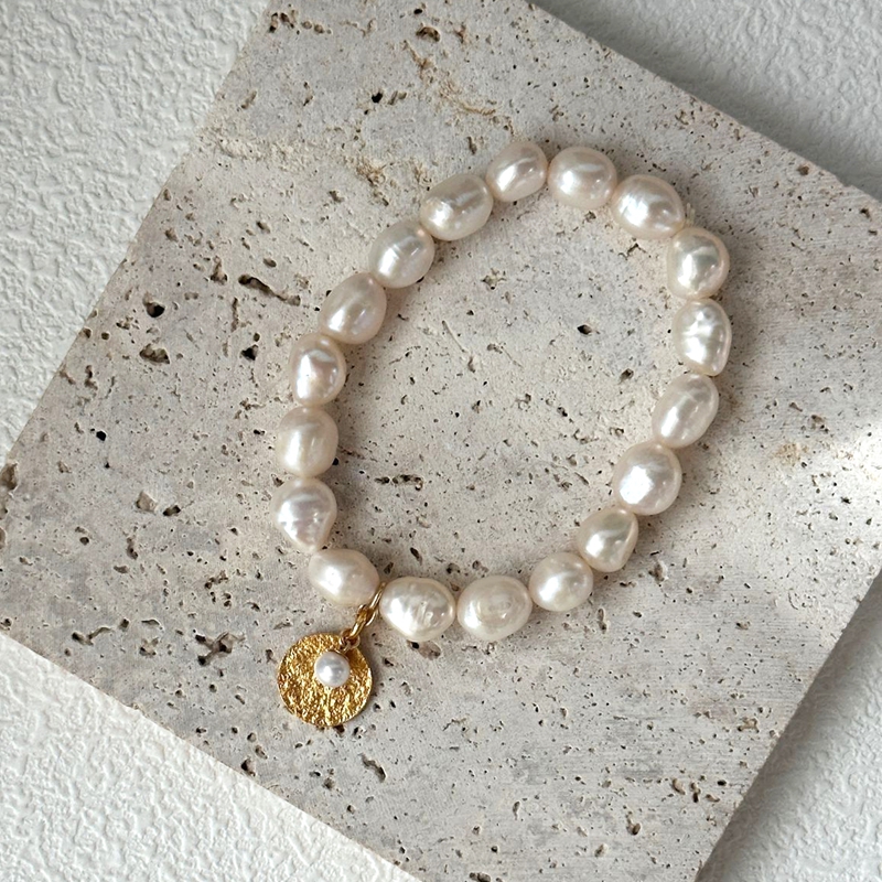 VLS 18K Gold Coin Charm Pearl Beaded Bracelet Fashion Elegant - Image 5