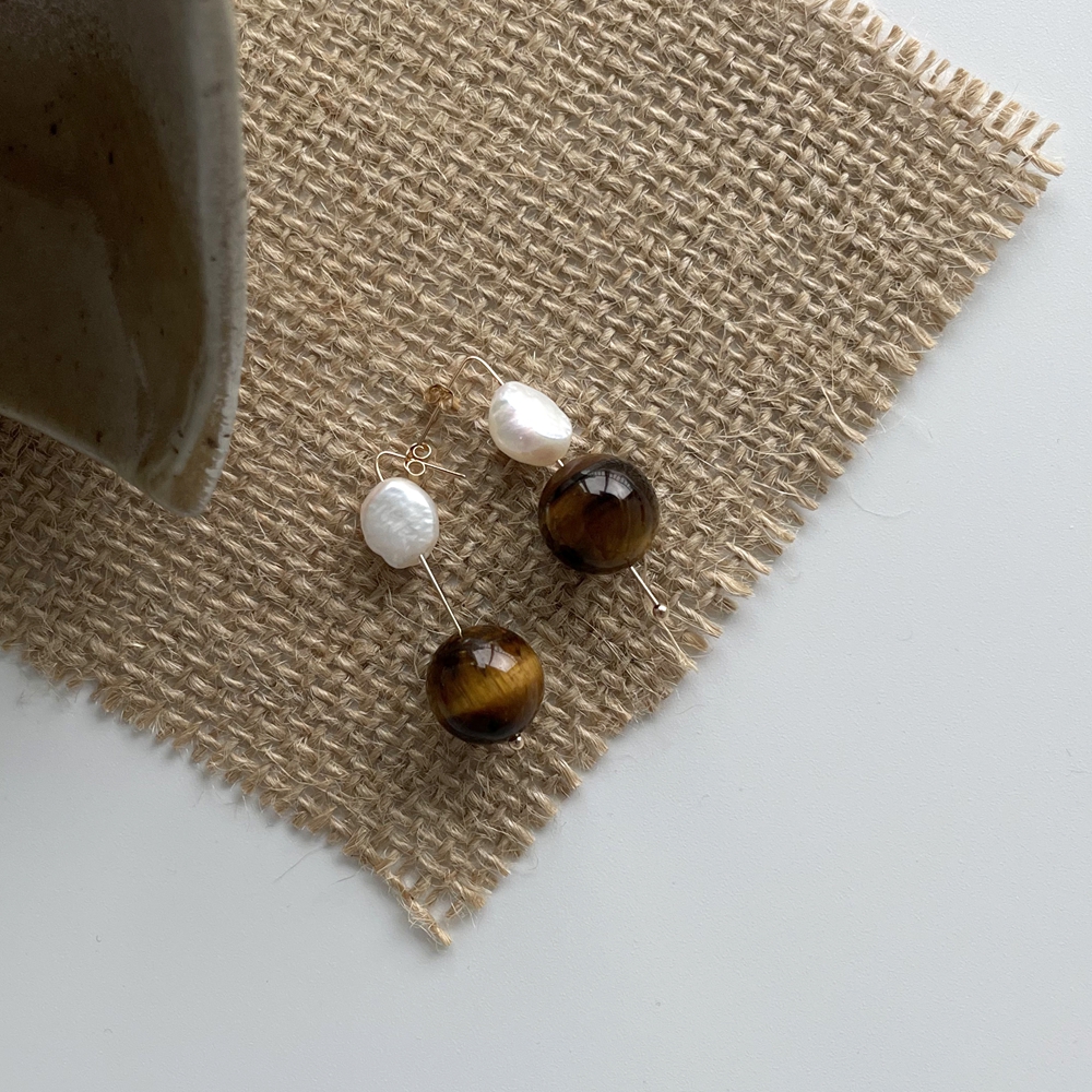 VLS 18K Gold Bead/Amber Pearl Earrings Statement Jewelry - Image 3