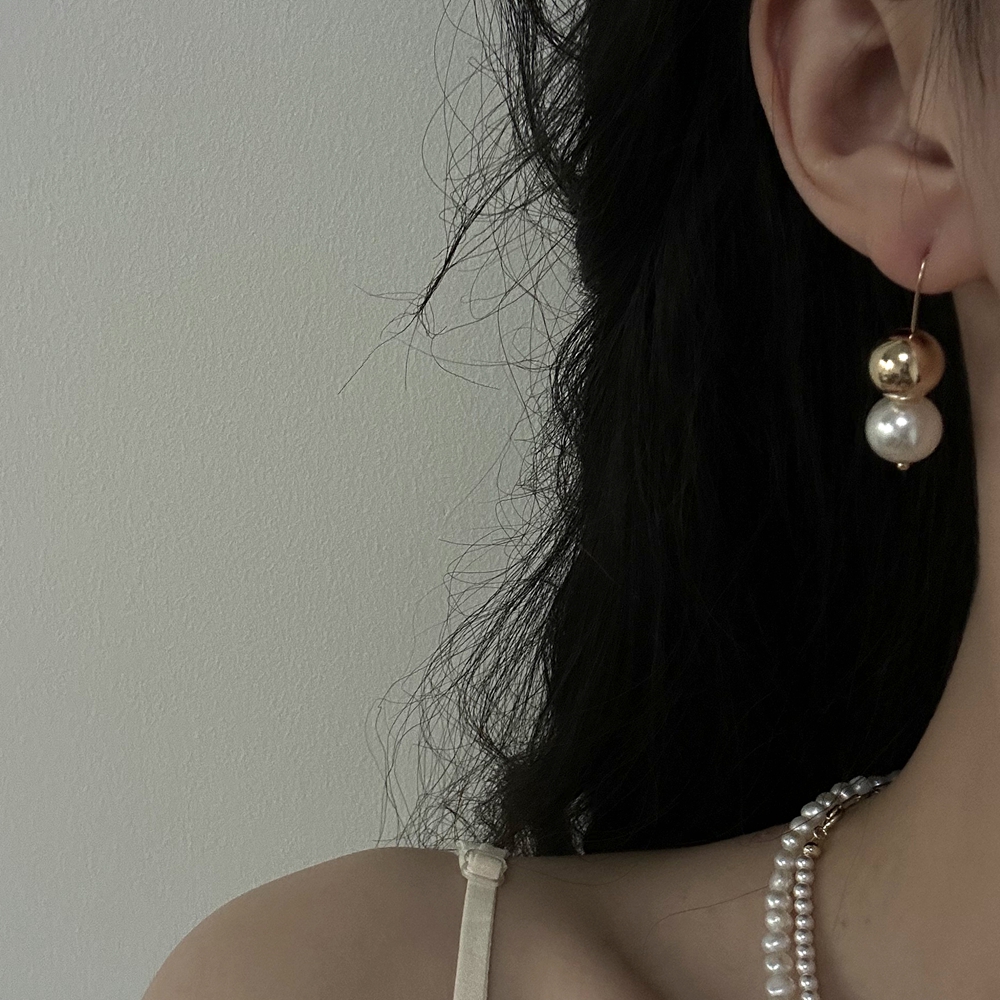 VLS 18K Gold Bead/Amber Pearl Earrings Statement Jewelry - Image 2