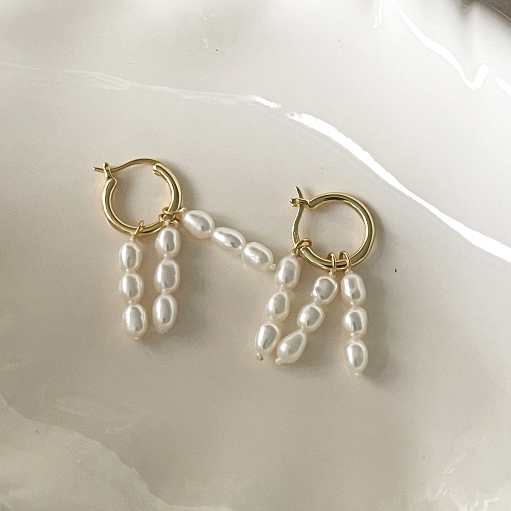 VLS Tiny Rice Pearl Drop Earrings 18K Gold Plated Sterling Silver - Image 3