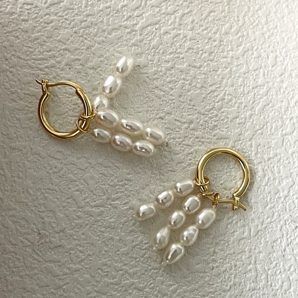 VLS Tiny Rice Pearl Drop Earrings 18K Gold Plated Sterling Silver - Image 4