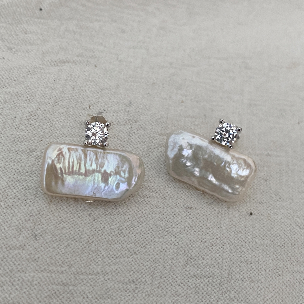 VLS Flat Rectangular Pearl Sterling Silver with Zircon Stud Earrings - Image 4
