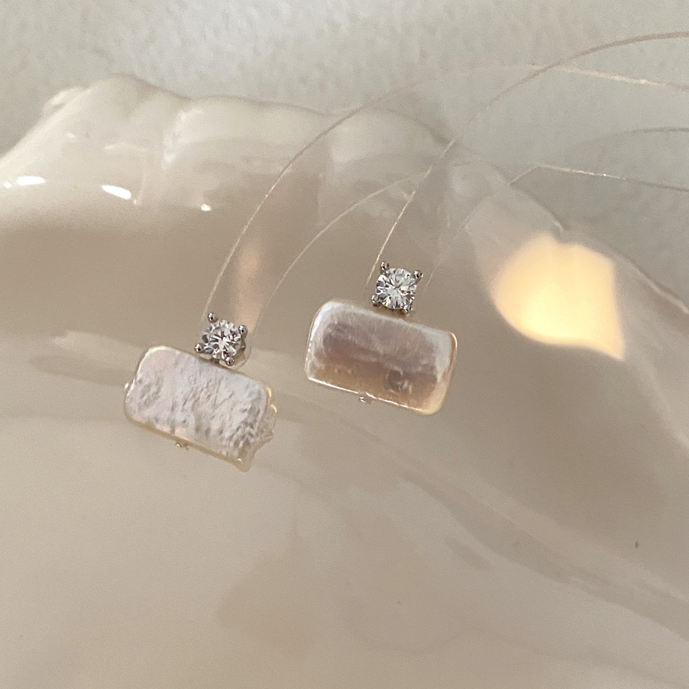 VLS Flat Rectangular Pearl Sterling Silver with Zircon Stud Earrings - Image 6