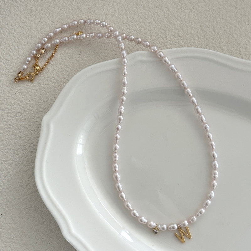 VLS Silver Plated 18K Gold W Initial Charm Pearl Necklace - Image 2