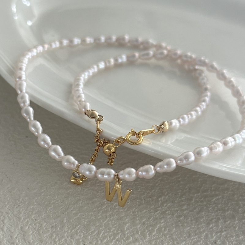 VLS Silver Plated 18K Gold W Initial Charm Pearl Necklace - Image 4
