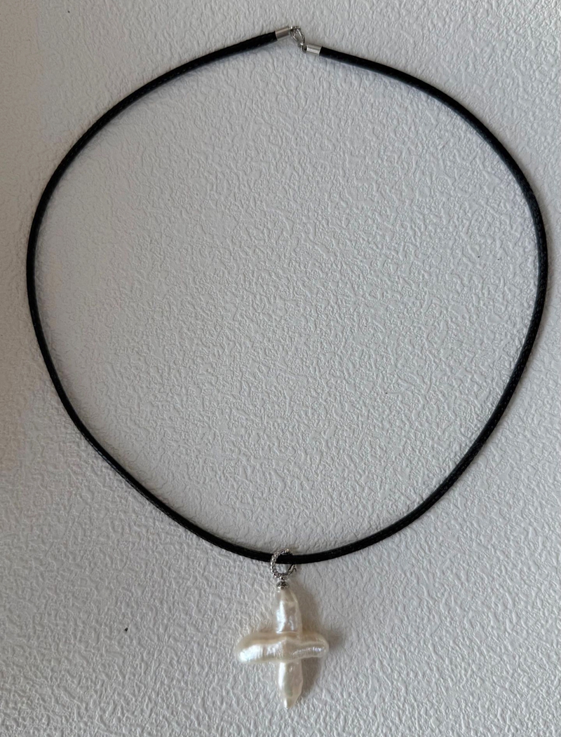 VLS Cross Pearl Pendant Leather Cord Necklace Religious Jewelry Women Men - Image 2