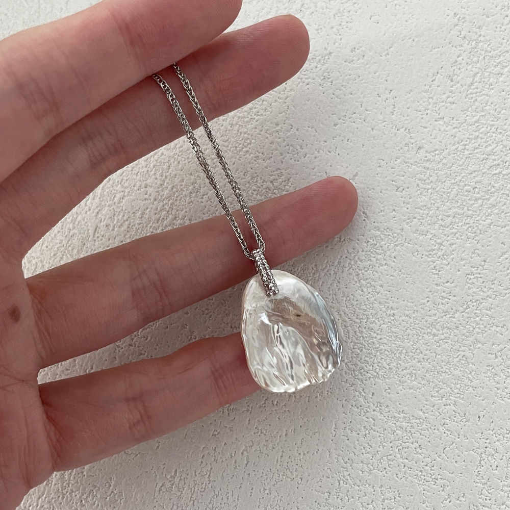 VLS 925 Sterling Silver Thin Irregular Pearl Slice Necklace - Image 3
