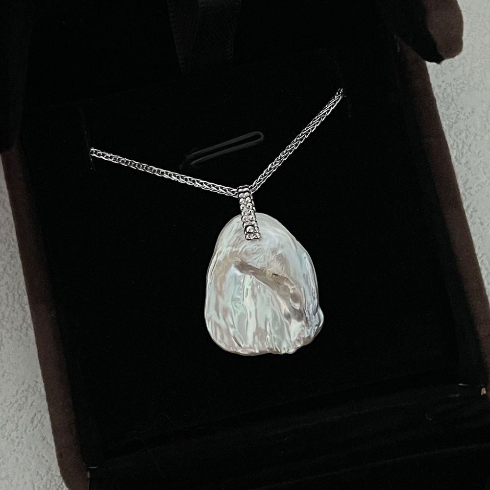 VLS 925 Sterling Silver Thin Irregular Pearl Slice Necklace - Image 2